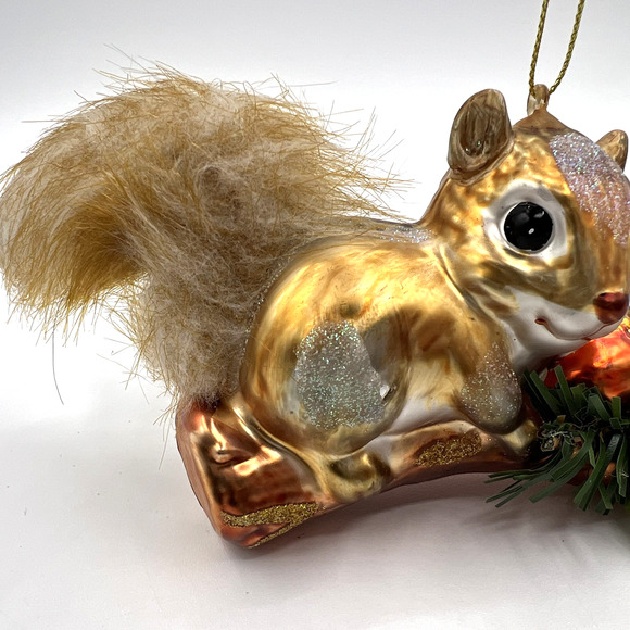 Squirrel On Branch Blown Glass Christmas Ornament, Faux Fur Tail, Holly Leaves - Picture 4 of 6